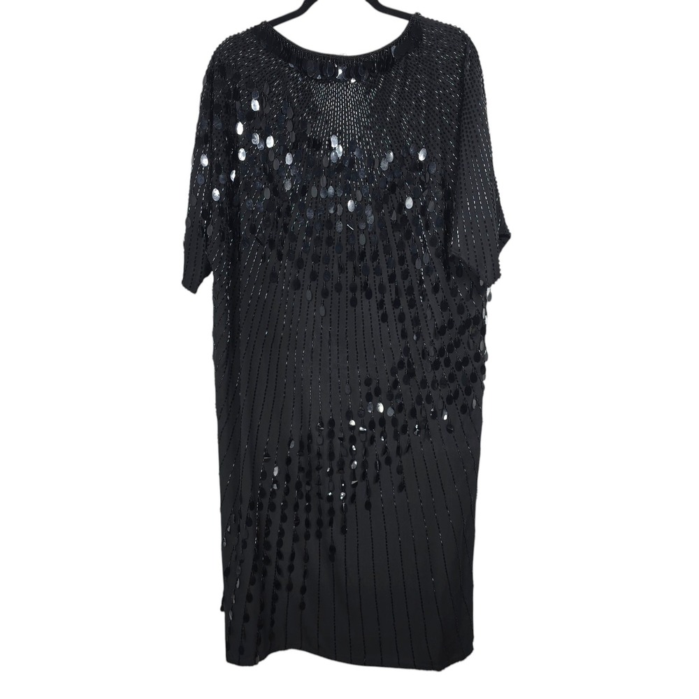 Oleg Cassini Vintage Black Tie Shift Dress Womens 14 Silk Beaded Sequin Formal - Picture 11 of 12